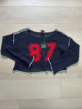 Planet Heart Navy Mesh Cropped Sweater with Red 87